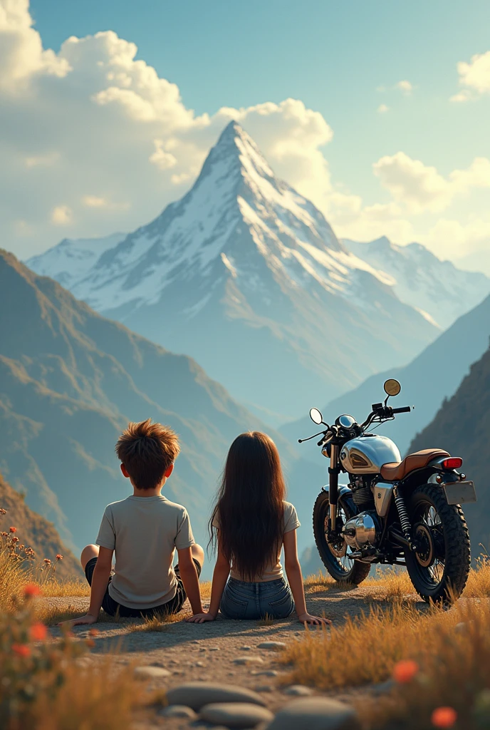Generate a picture of boy and girl looking at a beautifull mountain view sitting beside a motercycle