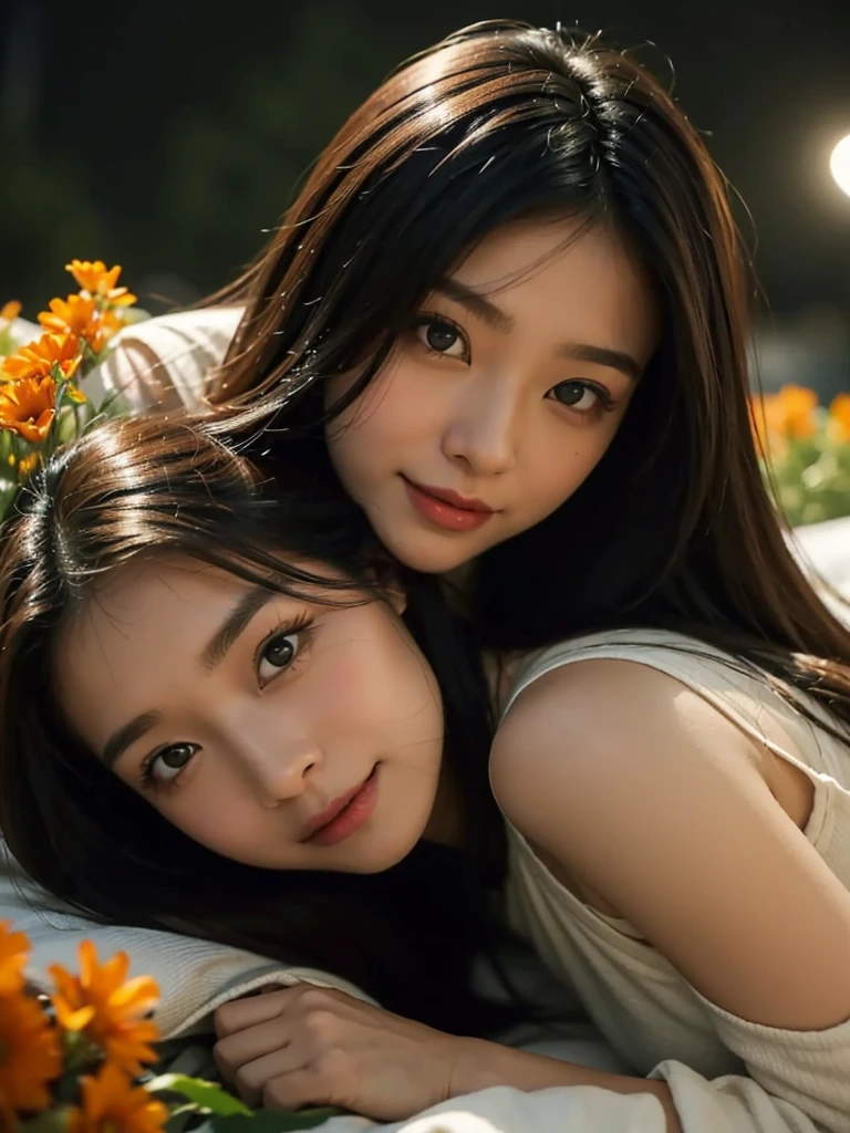 Close-up shot of an Asian girl lying in a bed of flowers, capturing a headshot with a deliriously happy expression. It's midnight, and the scene is bathed in soft moonlight, enhanced by a dreamy filter. The girl has brunette hair and striking green eyes, wearing a black turtleneck. The atmosphere is reminiscent of twilight, with warm orange and gold tones blending into the scene, creating a serene and magical moment.