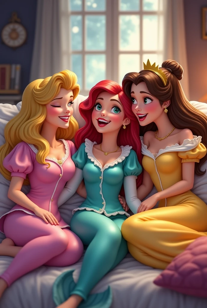 blond sleeping Beauty in a pink pijama, Ariel in turquoise pijama and Belle in a yellow pijama. the 3 friends in a slumber party laughing and having fun