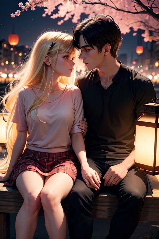 Couple sitting on a tree branch kissing ,They are in the heights, semi-realistic style, She is blonde with long hair , She has a blue t-shirt and skirt and long white socks, He is a vampire, his skin is bluish and he has black hair with bangs and he has a red plaid shirt and black pants. , It is night and the scene is lit by colorful lanterns,There are pink trees and lanterns around.