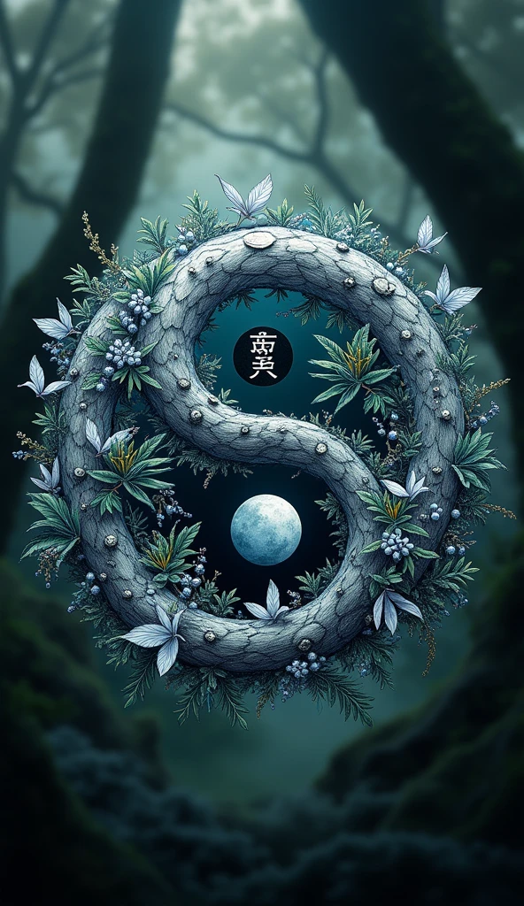 wild logo word "YIN YANG", classical, green, wild, rustic, forest, jungle, plants, animals, strong, realistic, 8k ultra HD, technology, nano tech, silver, white, crystal clear, 3D, mythology, Sci-Fi, cool, Storm, Winter, globe, yin yang, small birds, word title "YIN YANG"