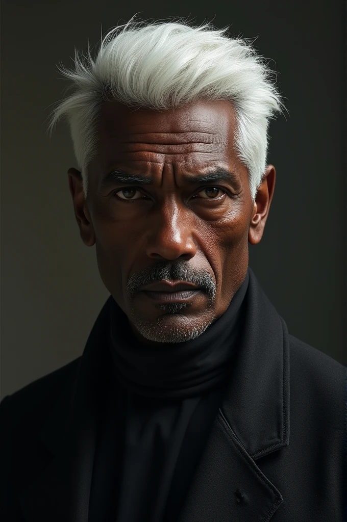dark skinned man, White hair, straight hair, amber eyes, short hair.