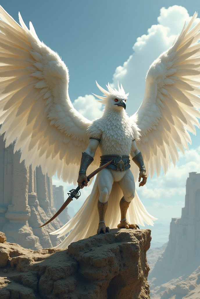 A PURE WHITE AARAKROCA WARRIOR, WITH TWO LARGE WINGS,REAL GUARD PATROLLER WHO USES A BOW IN HIS HAND AND TWO DAGGER IN HIS BELT