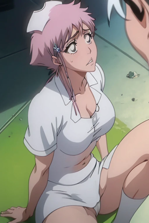 Large Breasts, whole body,Thighs,A slight blush, High resolution,masterpiece, Highest quality, High detail, Highly detailed CG illustration,pink-toned beautiful white skin,Clear white skin,Pink lips,beautiful,High-resolution model,sitting,spread legs,Looking up blushing,burn,sweaty,embarrised,short hair,looking at camera,is,ass pov, subjective,nurse(pink),accurate, detail, Textured skin,open chest