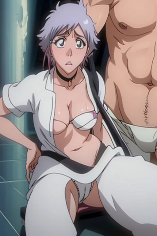 Large Breasts, whole body,Thighs,A slight blush, High resolution,masterpiece, Highest quality, High detail, Highly detailed CG illustration,pink-toned beautiful white skin,Clear white skin,Pink lips,beautiful,High-resolution model,sitting,spread legs,Looking up blushing,burn,sweaty,embarrised,short hair,looking at camera,is,ass pov, subjective,nurse(pink),accurate, detail, Textured skin,open chest