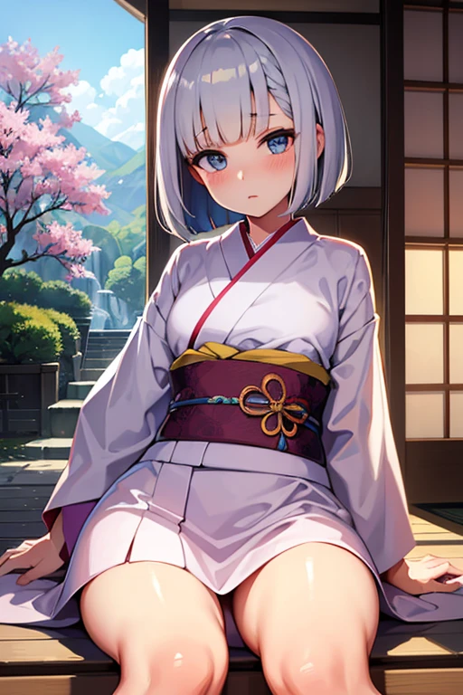 work of art, 1 girl, gorgeous face, bob cut, Japanese clothing,kimono, blush, looking ahead at viewer