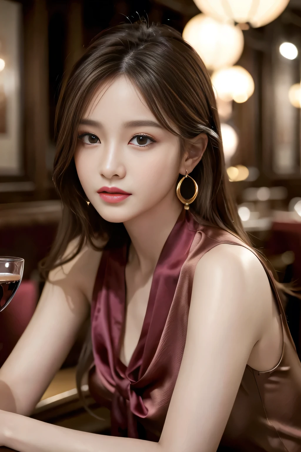 masterpiece, Highest quality, Realistic, Very detailed, Finer details, High resolution, 8k wallpaper, One beautiful woman, Wear a pretty colored silk shirt, In a great restaurant, At night, Light brown messy hair, Perfect dynamic composition, Beautiful and beautiful eyes、Big earrings、Sleeveless shirt、
