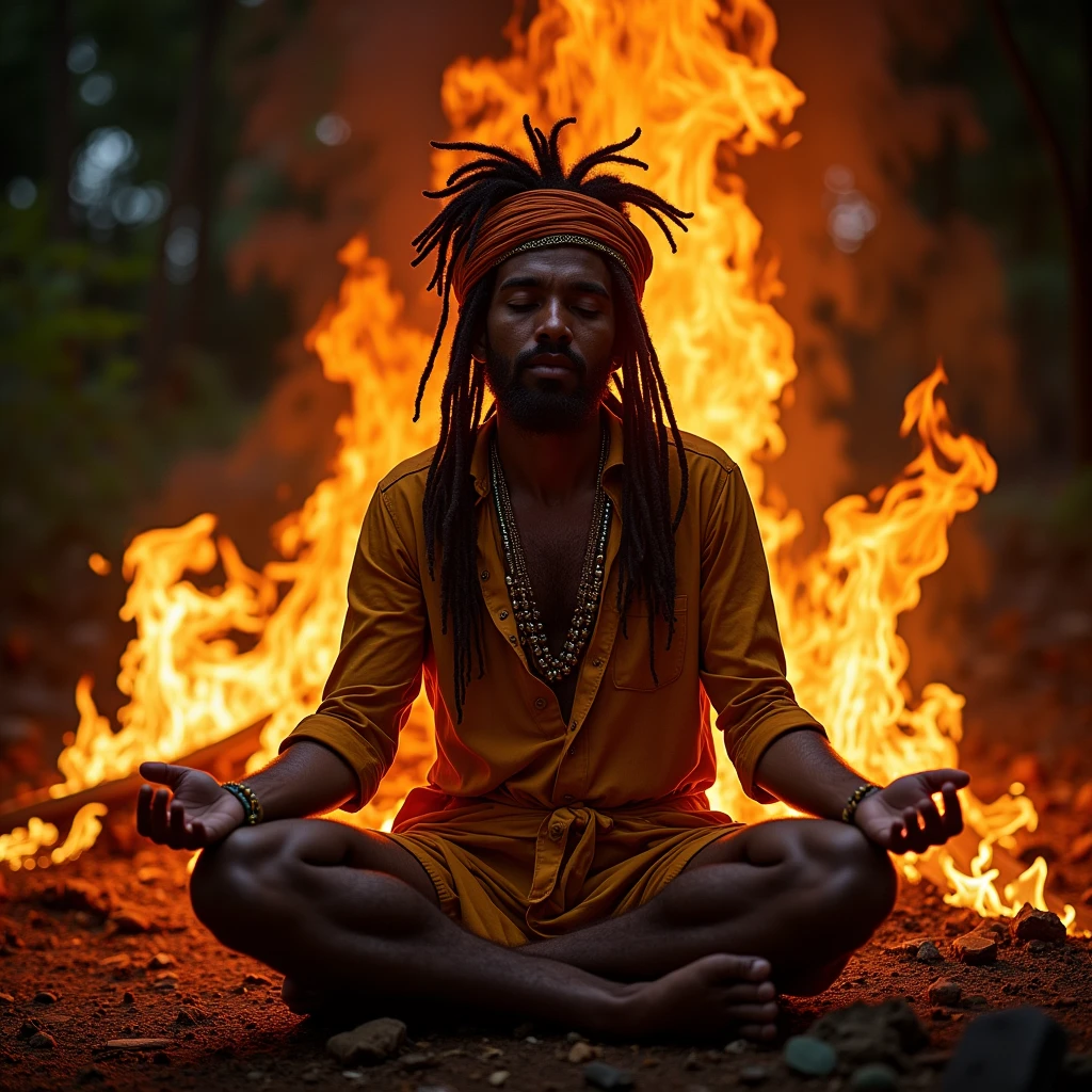 Rasta meditating with fire