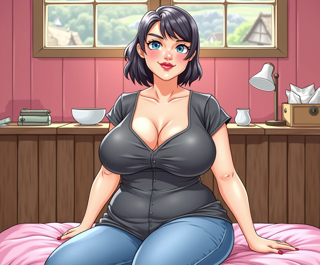 Milf, plump, medieval fantasy, villager, full body image, 2d hentai style, Black skin 