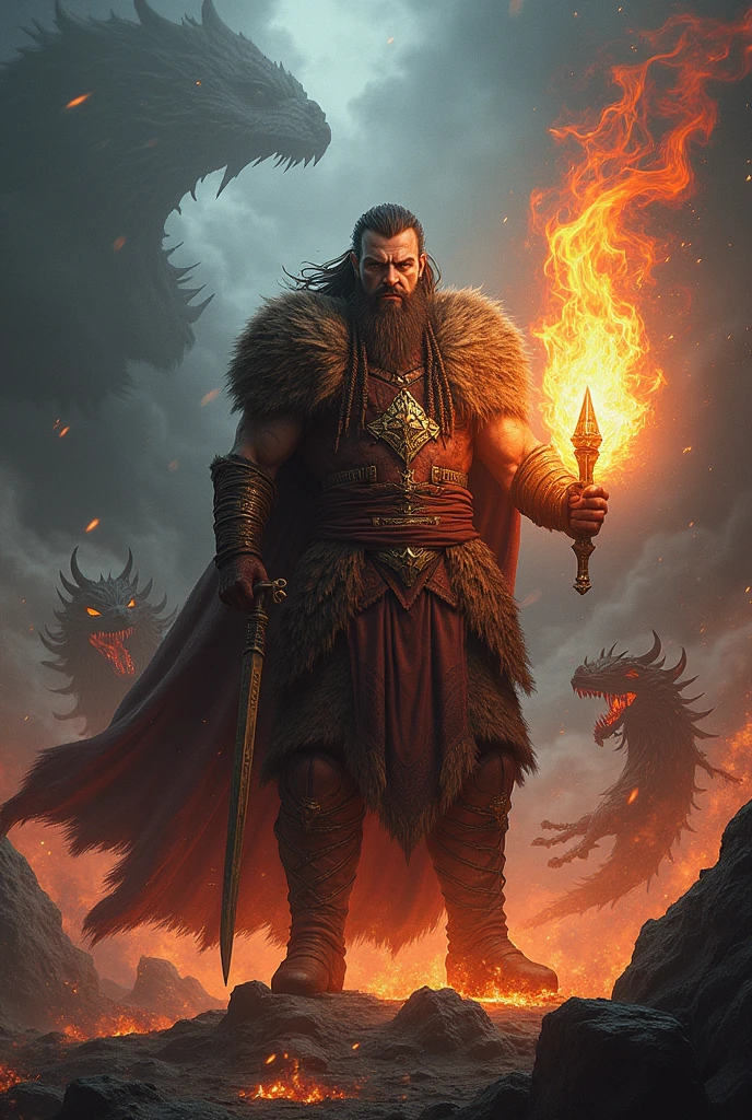 A Nordic warrior with a beard and long hair who says Angelo with fire and has demons
