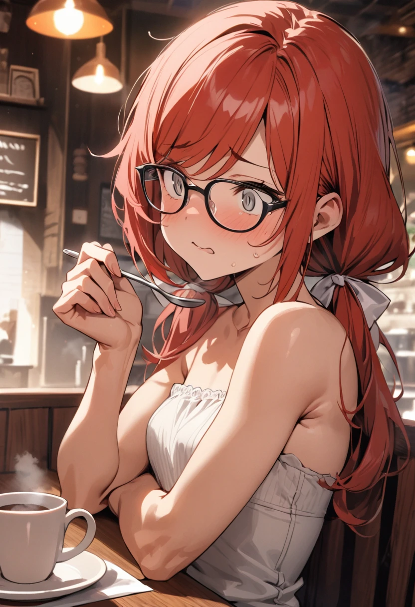 Masterpiece, highres, high Quality, detailed face, over-the-shoulder shot, solo, cafe, nervous expression, spoon in hand, face palms cheek, worried eyes, furrowed brows, Gray eyes, red hair, swept bangs, low twin tails, white ribbons, glasses, white strapless shirt with white trim, jeans, small breasts, toned arms, tablecloth texture visible, steaming cup of coffee nearby.