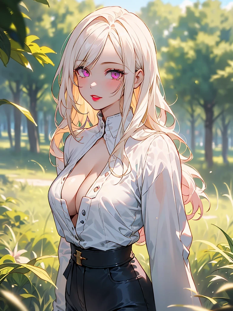 SFW (masterpiece, best quality, 32k) anime woman with medium blonde hair ((pale blonde hair, bangs, diagonal bangs, straight bangs, straight hair)), ((pink-violet eyes, pink eyes, violet eyes, detailed eyes)), ((youthful face, beautiful face, cute face, innocent face, pretty face, naive face)), ((pale skin, porcelain skin, white skin, smooth skin)), ((eyeliner, eyeshadow, lipstick, light makeup)), outside, outdoors, forest, glade, trees, grass, sky, clouds, shadow, simple background, standing, confident pose, at-ease. ((Fantasy outfit, medieval outfit, medieval fantasy outfit, bare neck, open collar, blouse, long sleeved blouse, ruffled blouse, cleavage, scoop neck, high-waisted pants, tight pants)), ((huge breasts, round breasts:2, heavy breasts:1.5, framed breasts)), ((slim:1.4, lithe:1.4, slender:1.4, thin:1.4, busty:1.2, buxom:1.2)), ((round hips, thin waist, waspish waist)), ((long legs, slender legs)), small smile ((full lips, red lips)), ((serene expression, calm expression, content expression)), open eyes, large eyes, expressive eyes, head-to-waist portrait, cinematics, color oil painting, cinematic lighting, ((extremely detailed face)), ((finely detailed face)), Extremely detailed eyes, finely detailed eyes, beautiful face, beautiful eyes, perfect lighting, depth of field, (realistic proportions), (good anatomy), ((solo:1.6)), ((1girl:1.6))