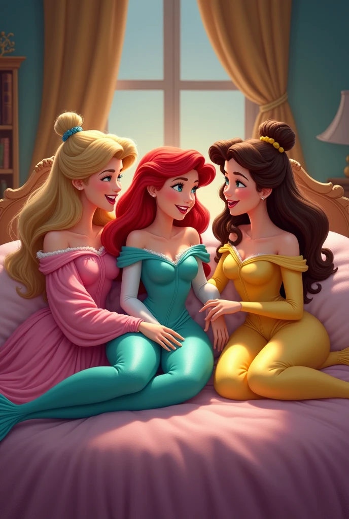 blond sleeping Beauty in a pink pijama, Ariel in turquoise pijama and Belle in a yellow pijama. the 3 friends in a slumber party laughing and having fun