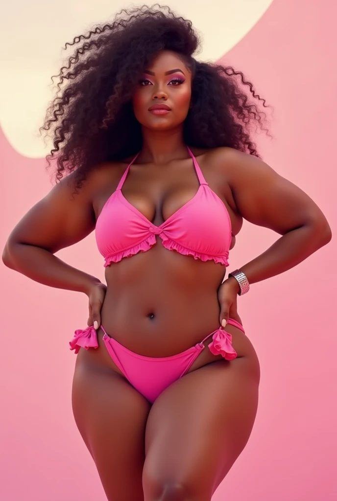 Generate a image of healthy,curvy and fatty women with unique face in pink bikni  having shooting pose
