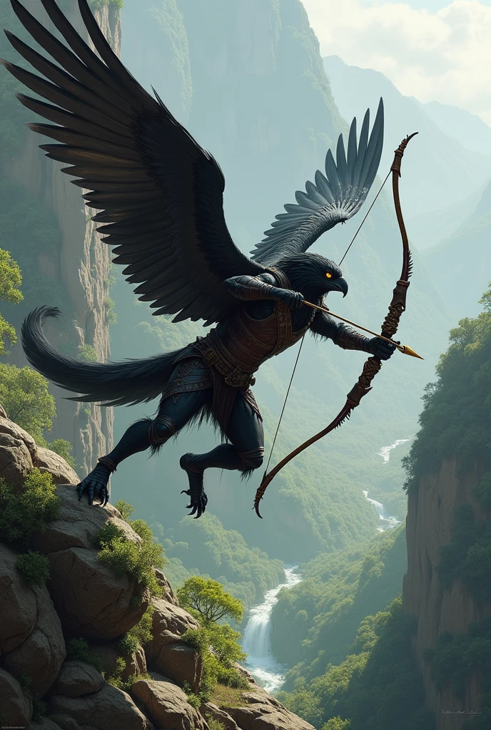 A Black Aarakocra, ranger, wearing leather armor using his bow and arrow to hunt