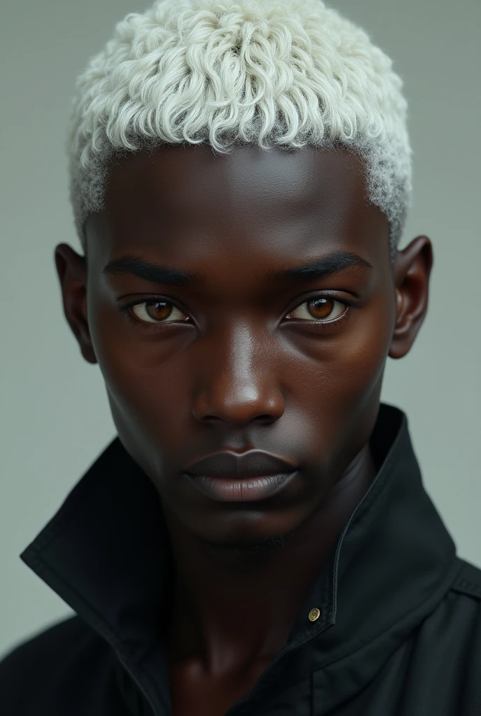 dark skinned man, White hair, straight hair, amber eyes, short hair, portrait, young man.
