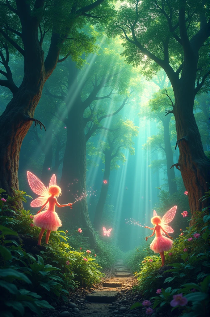 (vibrant enchanted jungle), ancient giant trees in the background, (glowing magical fairies) floating, sprinkling sparkling dust from their wands, rich foliage, (luminous colors) of greens and purples, whimsical atmosphere, serene and magical vibe, highly detailed, (HD), captivating and immersive fantasy scene, enchanting light filtering through trees.