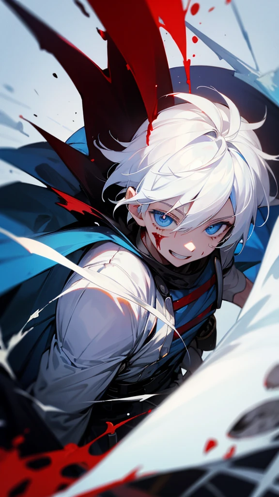 1 boy, blue eyes, White hair, blood on clothes, crazy smile, apocalypse