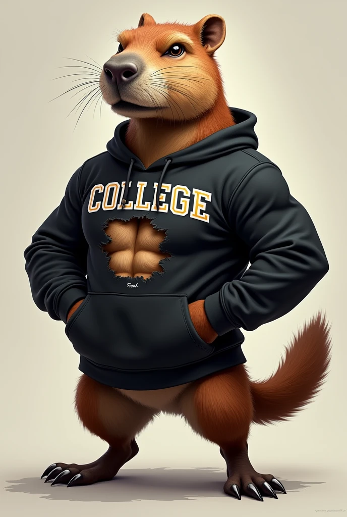 Capybara mascot with a ripped black college sweatshirt abdomen