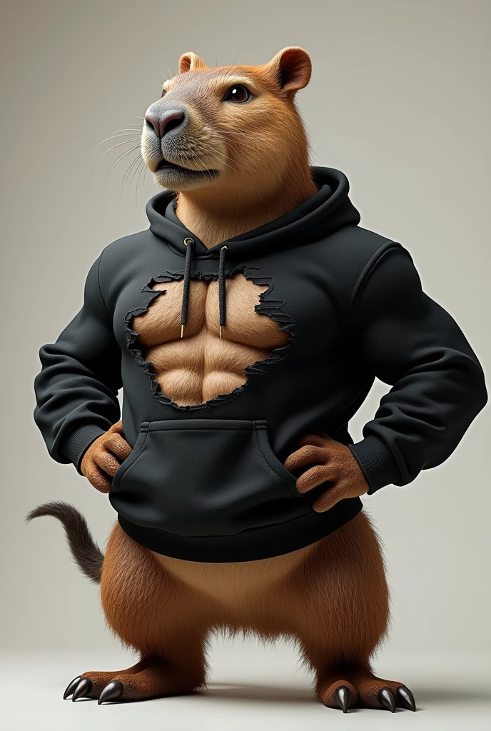 Capybara mascot with a ripped black college sweatshirt abdomen
