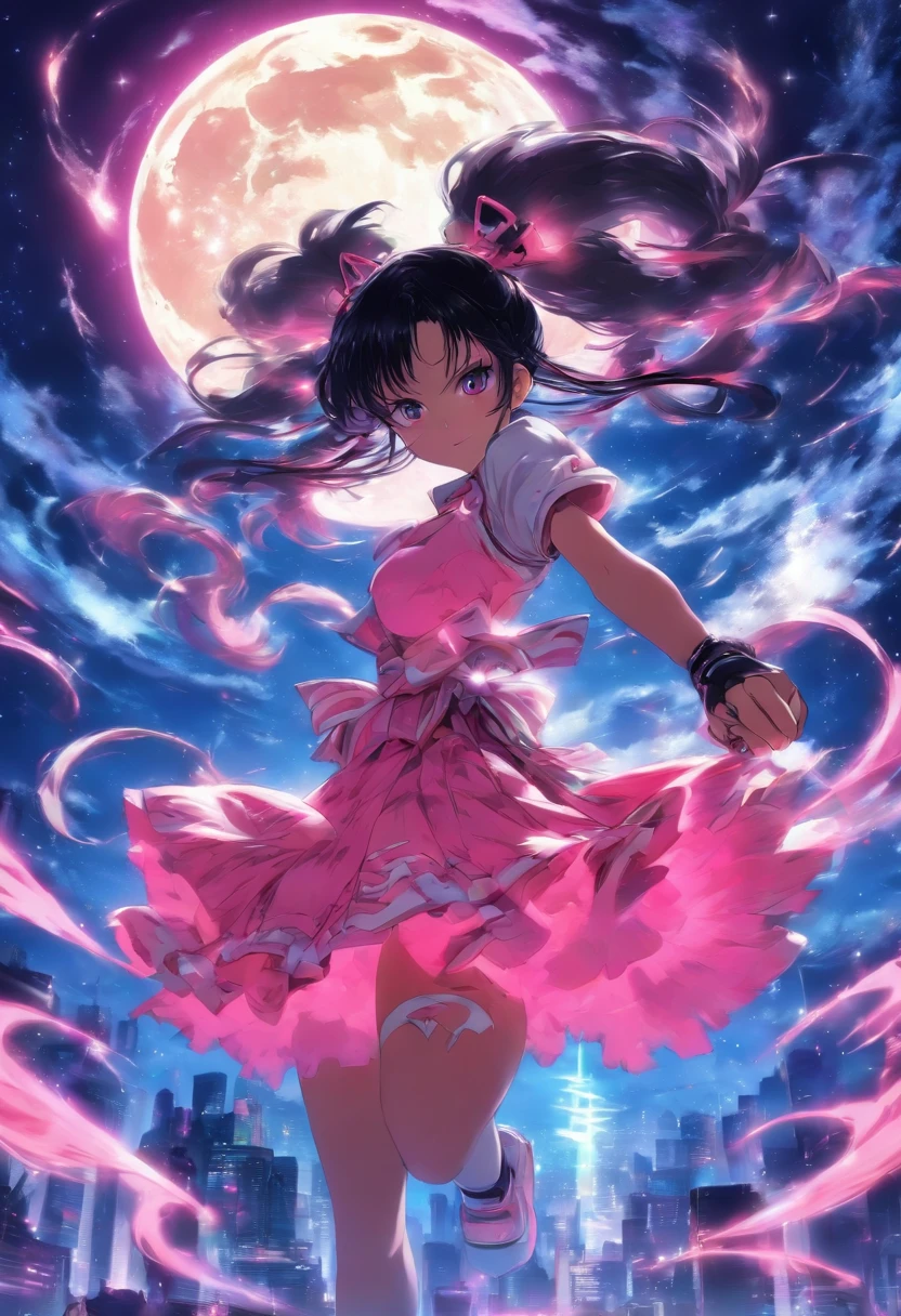 Pink and white dress、Long twin tails with black hair、Large pink circular saw、Full moon night、