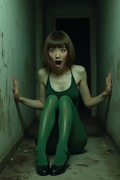 24years old Japanese girl, Brown bob hair hair,wearing only green pantyhose,black high heels, Mouth open and painful expression,Old and dark mansion, Spread limbs and pinned to the wall,full shot