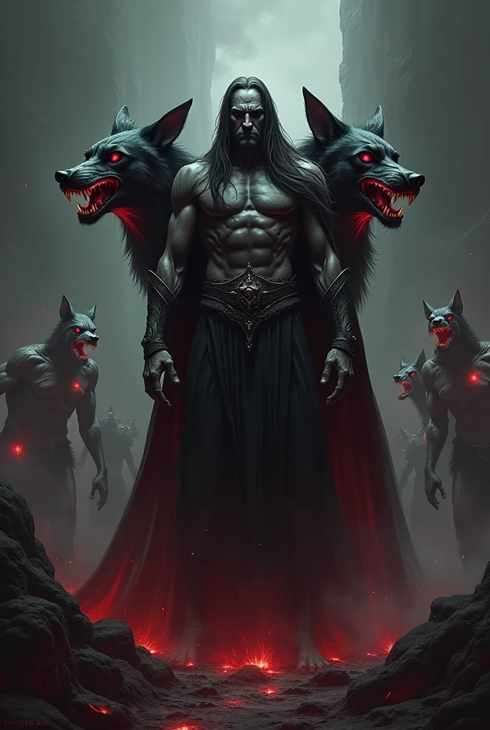 greek god hades with the backround hell and many dead bodies at the back and with three head dog in one body at the back