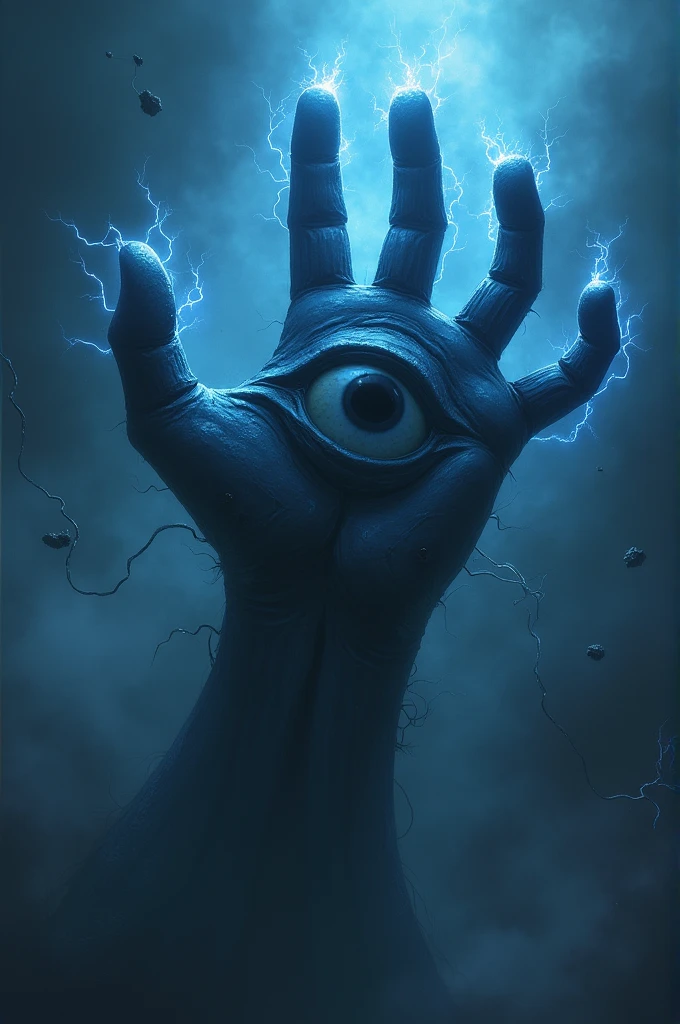 Lovecraftian monster in the form of a giant hand floating through space. Black and gathered by blue electricity. It has a large eye in the middle, The color blue