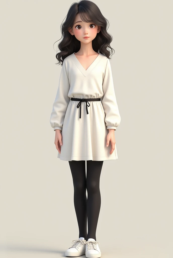 A 14 year old girl wearing a white v-neck dress with a belt, black tights and white sneakers with ribbon
