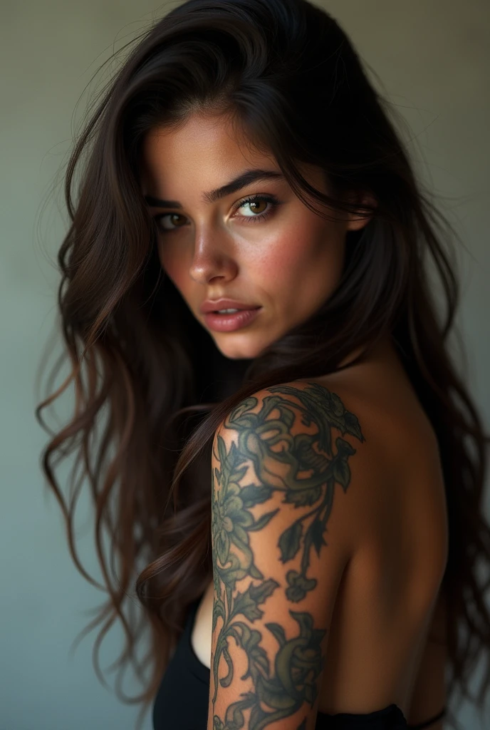 a young woman, beautiful face, detailed eyes and lips, looking at camera, long hair, naked body, tattoos, sensual pose, highly detailed, photorealistic, 8k, cinematic lighting, dramatic color grading