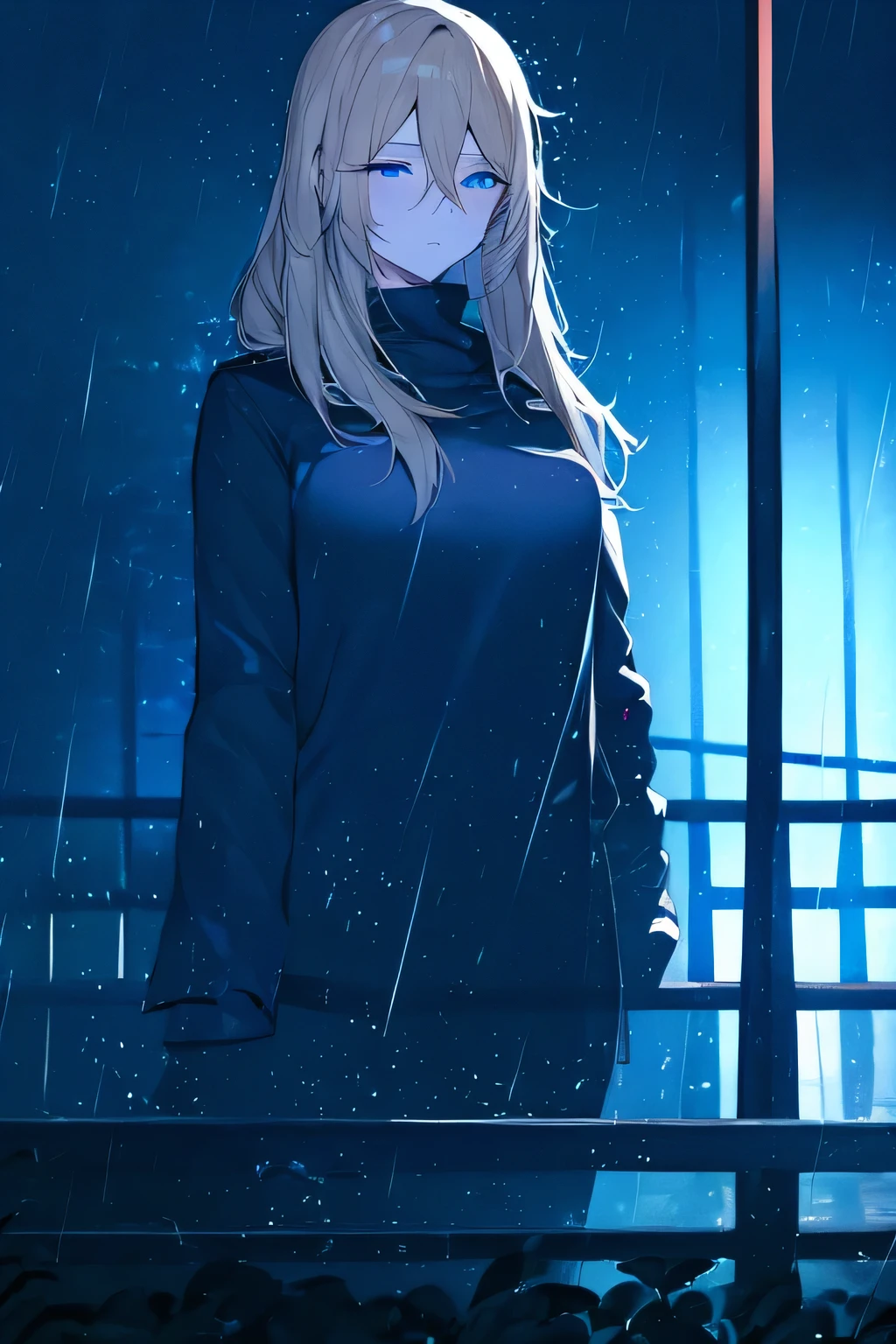 A sexy blonde haired girl, dressed completely in black, including a jacket with a raised hood. He stands far in the distance, under constant rain, in a dark and melancholic atmosphere, with a grey and cloudy sky adding a dramatic touch to the scene. The rain falls around her, creating a mystical effect, while his small but remarkable figure stands out in the distance, generating a powerful and enigmatic image
