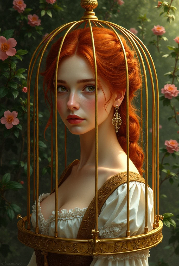 A red-haired peasant woman in a lush garden, wearing a medieval dress with a close-up capturing the harmonious beauty of her natural beauty, trapped in a gilded cage