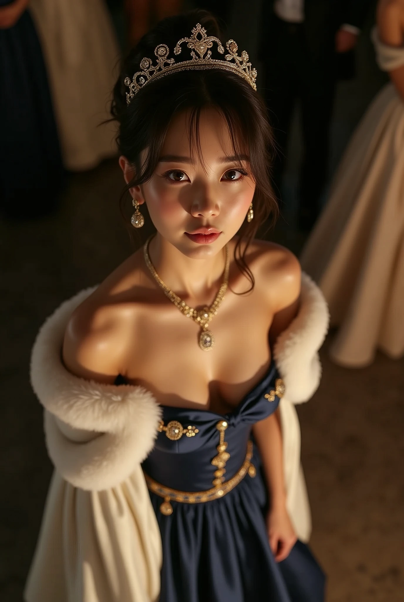 From above view, looking at viewer, ((Japanese beautiful female)) very cute girl, Age: 20 age-old, (brown hair , chignon , fringe, brown eye, little lip, little smile, natural make), (C cup breasts, slender whist, middle hip),(Royal Navy color Princess dress, evening long dress),(White satin gown and fur lined cape for ladies, Royal Victorian Era Queen:1.3), HI heals, gold ring earring, gold neckless, bracelet, tiara , standing on floor, evening dinner Party , night, UHD, accurate, anatomically correct, textured skin, super detail, high details, high quality, best quality, Crew neck dress, Dress with shoulder decoration, Red Cape, red munt, White elbow lace glove
