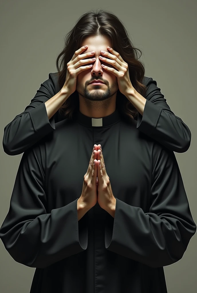 A Catholic priest praying as there's a woman behind him as she covers his eyes with her hands and laying her head on him with sinister motive. (Both Facing the picture)