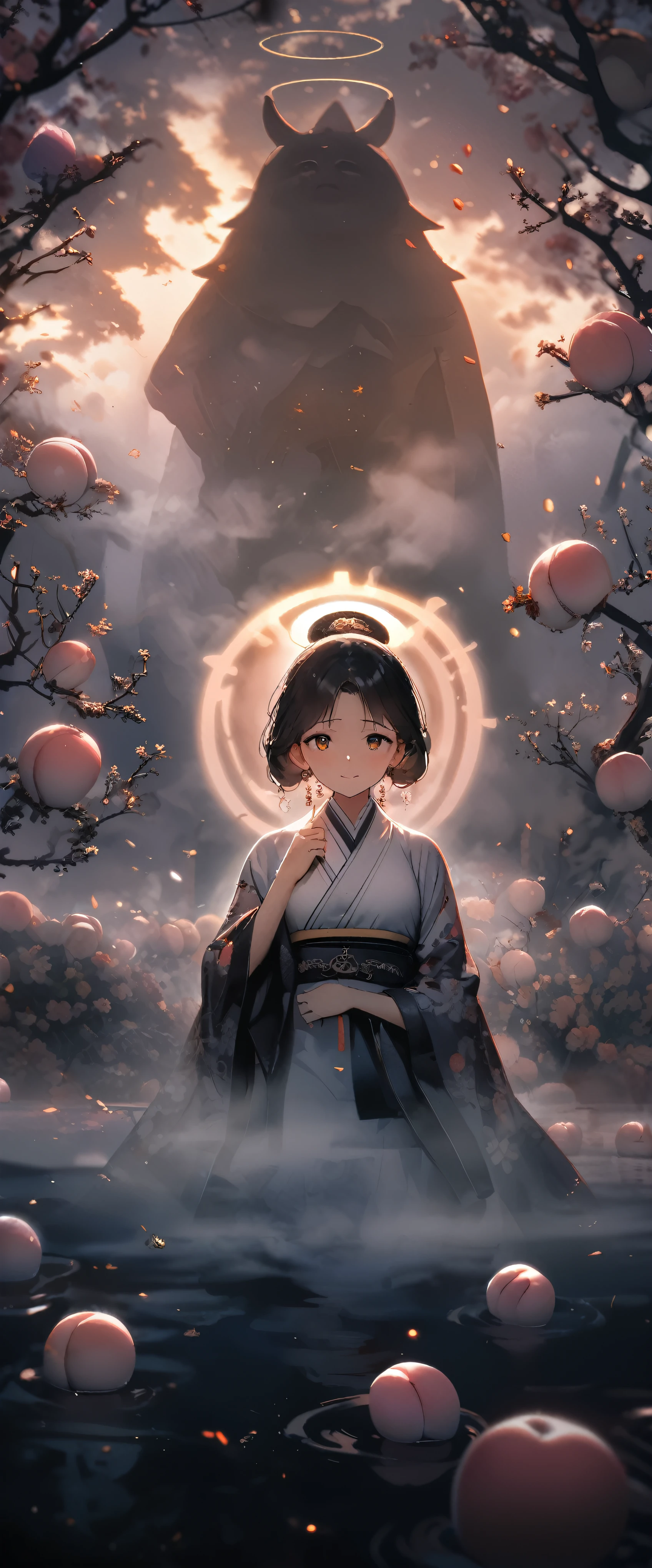 8k,wallpaper of extremely detailed CG unit, masterpiece,hight resolution,top-quality,top-quality real texture skin,hyper realisitic,increase the resolution,RAW photos,best qualtiy,highly detailed,the wallpaper,cinematic lighting,ray trace,golden ratio, BREAK ,1Buddha\(Amitabha Buddha,very virtuous , mild smile, female, godly ,(in the deep fog:1.3) ,beautiful halo\), The Peach Blossom Spring\(in the deep fog,beautiful chinise flowers blooming,many peach tree\),(deep fog:1.5), BREAK ,many hungry ghosts\(under the mist,looking up\),(deep fog:1.5),(deep fog:1.5),(deep fog:1.5),(deep fog:1.5),(deep fog:1.5),(deep fog:1.5)