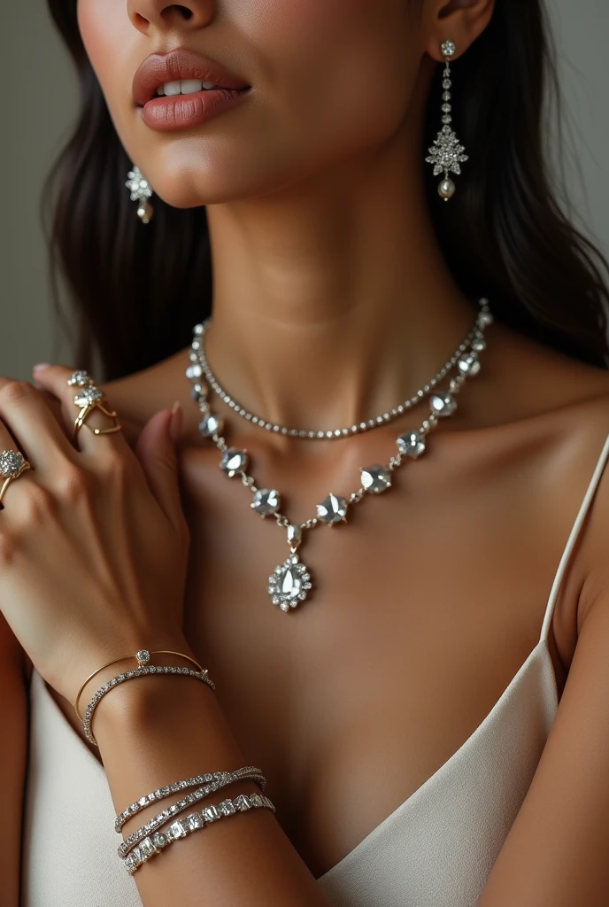 Close-up of the upper body of an elegant woman, highlighting sophisticated jewelry and accessories. The woman is wearing a delicately crafted gemstone necklace that sparkles under soft light. Her wrists are adorned with thin gold and silver bracelets, while her fingers showcase intricately designed rings. The skin is smooth and well-groomed, with a tone that perfectly complements the jewelry. The image captures the beauty and luxury of the pieces, with a special focus on the details of the accessories, conveying a sense of sophistication and style