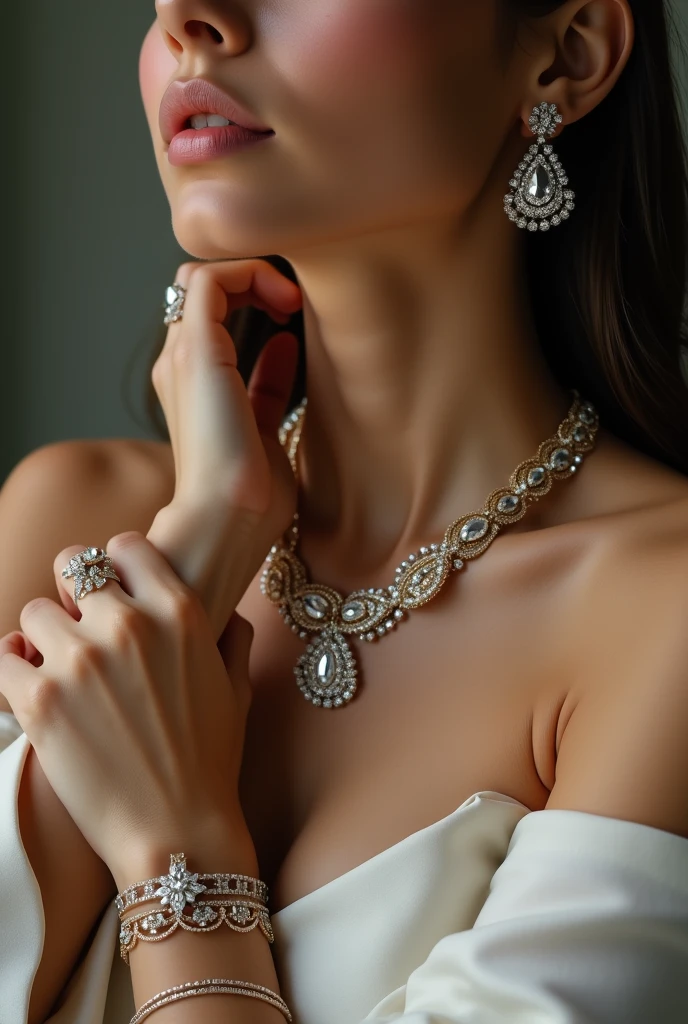 Close-up of the upper body of an elegant woman, highlighting sophisticated jewelry and accessories. The woman is wearing a delicately crafted gemstone necklace that sparkles under soft light. Her wrists are adorned with thin gold and silver bracelets, while her fingers showcase intricately designed rings. The skin is smooth and well-groomed, with a tone that perfectly complements the jewelry. The image captures the beauty and luxury of the pieces, with a special focus on the details of the accessories, conveying a sense of sophistication and style