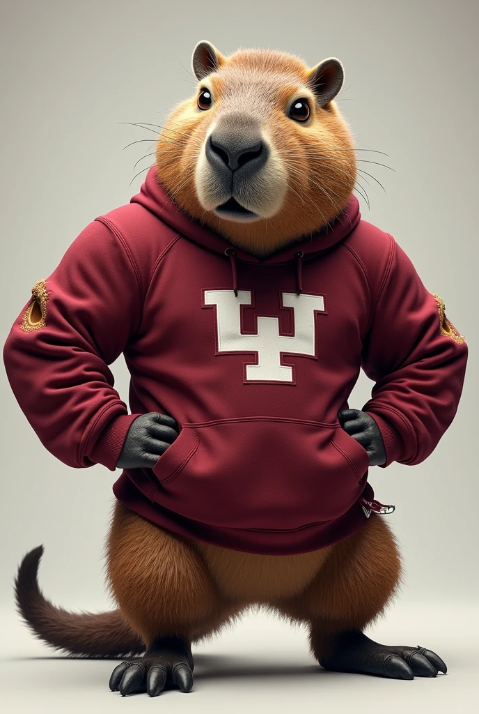 Capybara mascot with a ripped college wine-colored sweatshirt abdomen