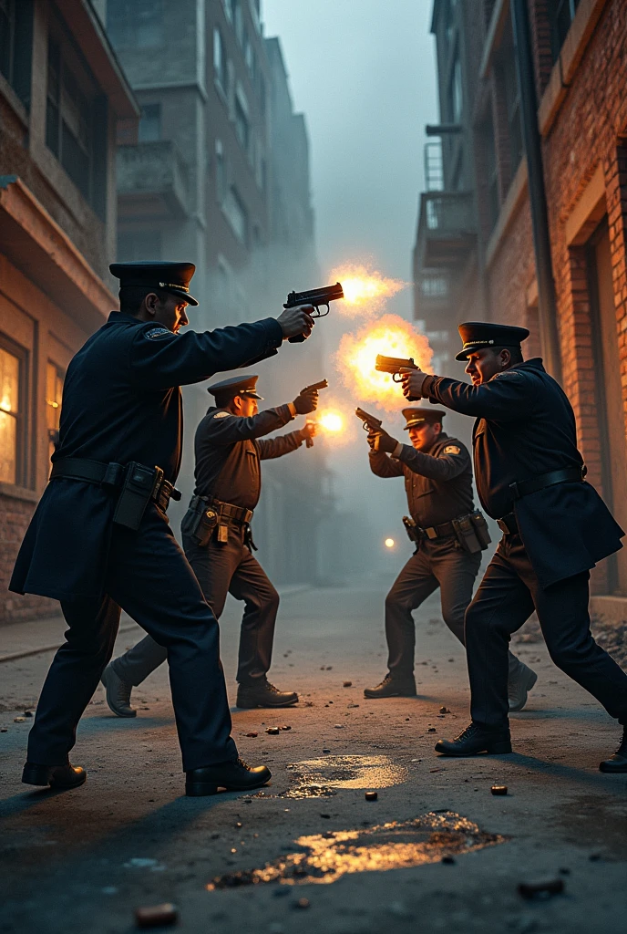 3 police officers, shooting at 2 bandits, Neither of them cover
