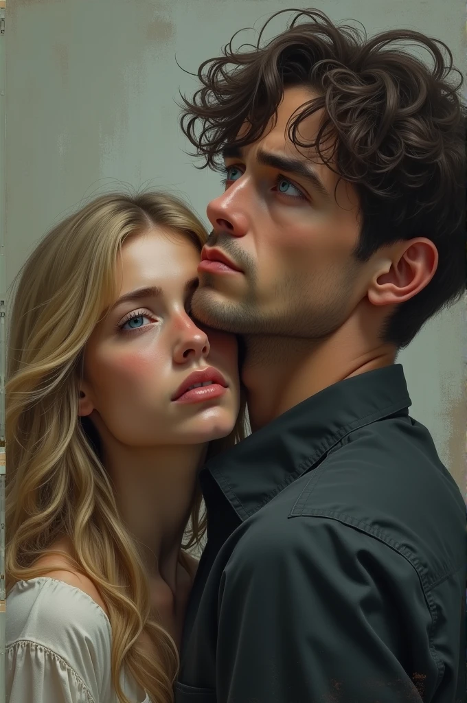 Blonde girl with brown eyes looking down with every sad while she is married to a man who is looking up with annoyed face and blue eyes