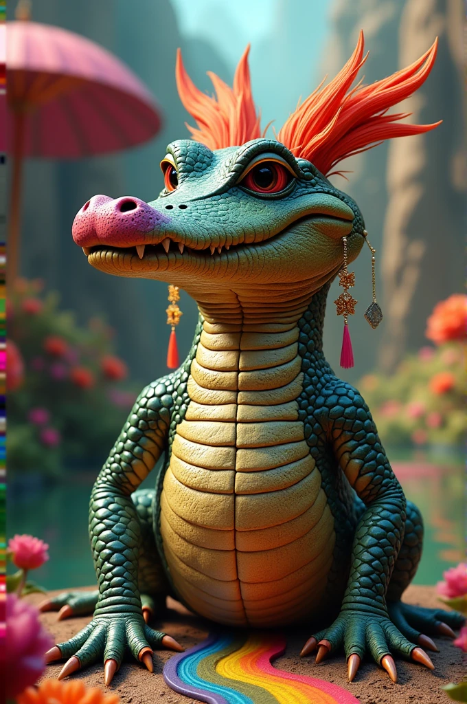 A drag queen alligator character from the interior of Minas Gerais ...dressed in flashy clothes ,Large earrings .. full lips and lots of makeup . Large gel nails all matching the LGBT flag cgi environment 