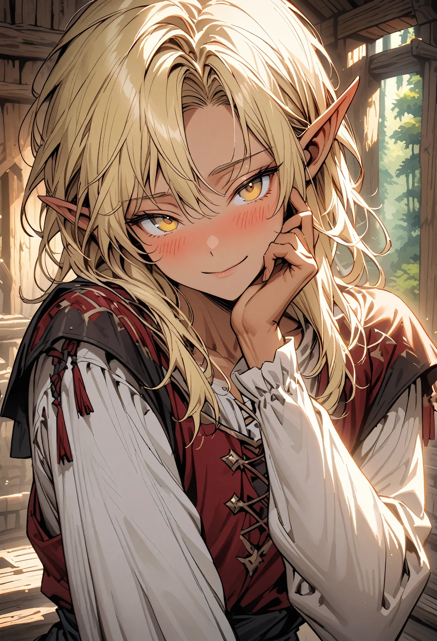 male, solo, slim waist, fit, long luscious blonde hair, yellow eyes, elf, light tan skin, clean shaven, blush, cabin indoors, forest, medieval clothes, young, feminine male, friendly smile, shy pose, loose poet shirt, close up, happy