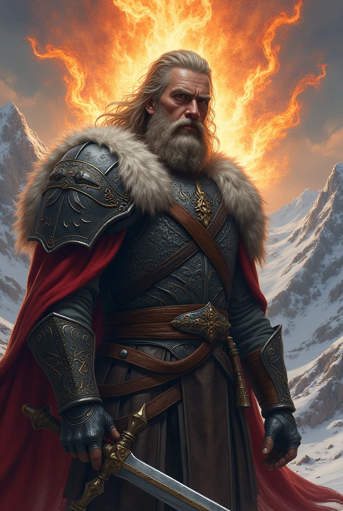 Nordic warrior with a beard and long hair that says Angelo with fire and has demons that has the name Angelo in big letters 
