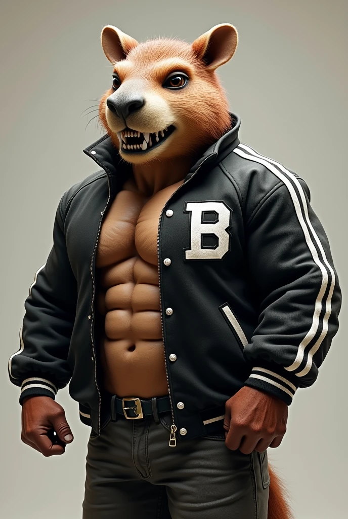 capybara mascot with ripped abdomen and black college jacket
