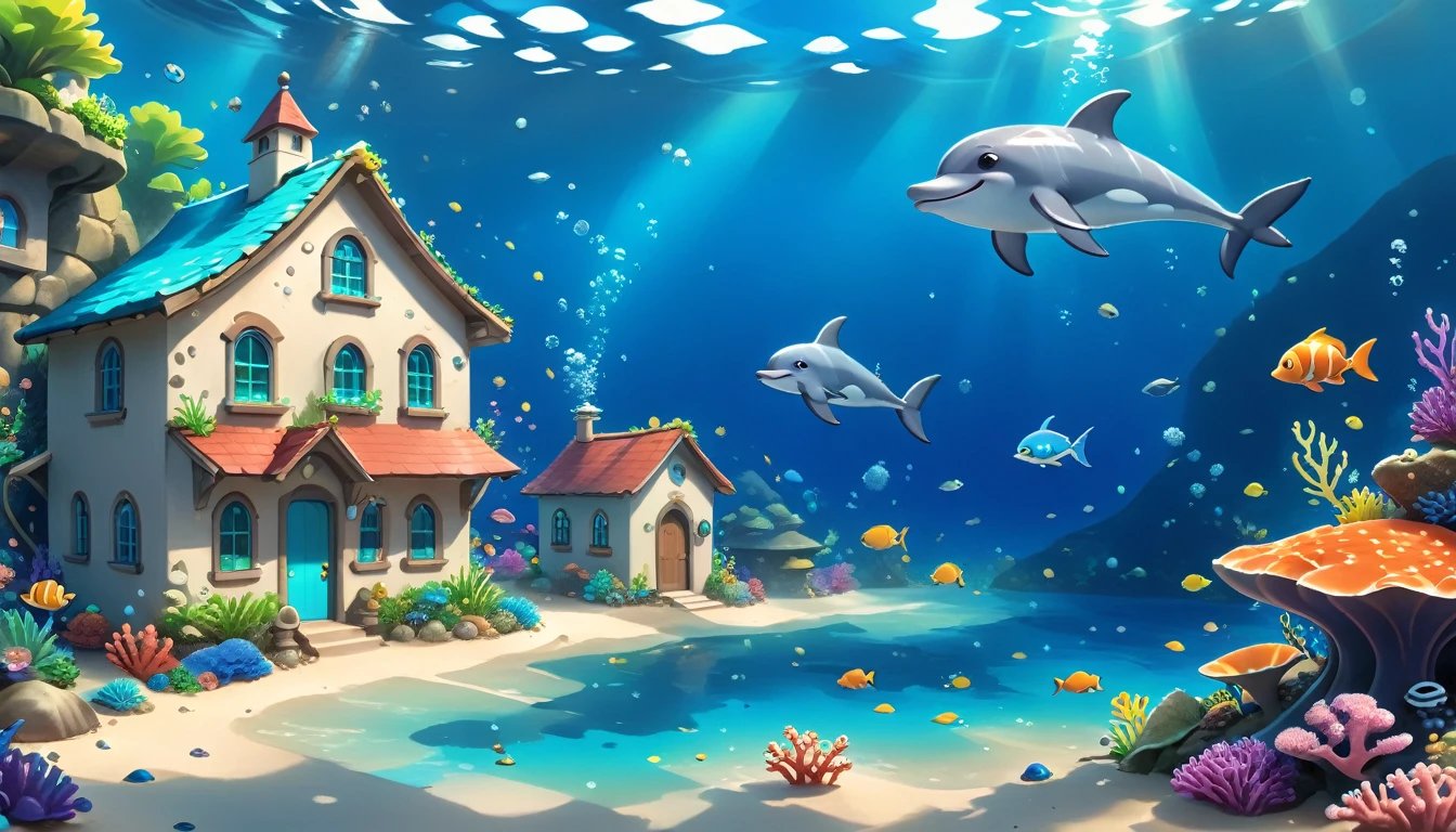 Hyper-realistic digital painting of a quaint underwater village encrusted with coral and seashells. Small, dome-shaped homes made from natural materials blend seamlessly with the marine environment. Close up a cartoon chibi adorable kawaii dolphin with big blue impressive watery eyes happily swim. Sea plants sway gently with the current, and colorful fish dart among the buildings. Cinematic composition, trending on ArtStation.