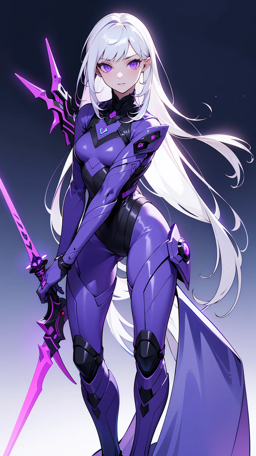 ((Best Quality)), ((Masterpiece)), ((Realistic)) slender, cute girl with medium-length white hair and vibrant purple eyes. She wears a tight-fitting, sleek suit with high-tech boots and chestplates. The outfit includes matching vambraces, all in a futuristic, high-tech design. She wields a high-tech sword, adorned with glowing lights along the blade and hilt. The girl's expression is calm and focused, complementing her stylish, advanced gear.