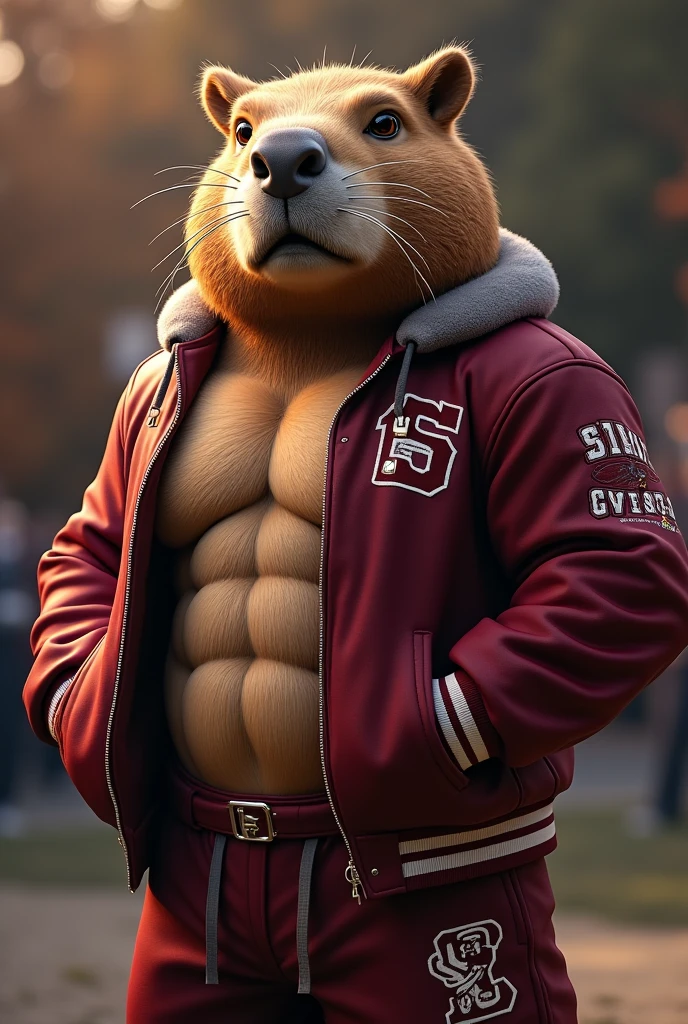 Capybara mascot with a ripped abdomen wearing a burgundy college jacket