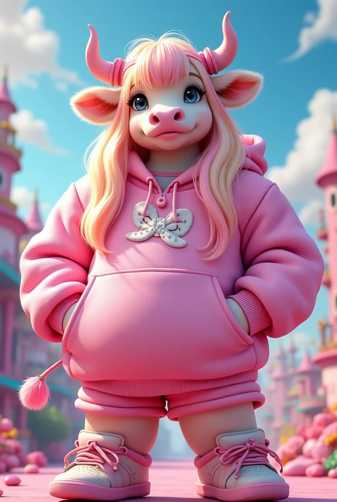 Plus size cow with blonde and pink long hair and pink gamer outfit