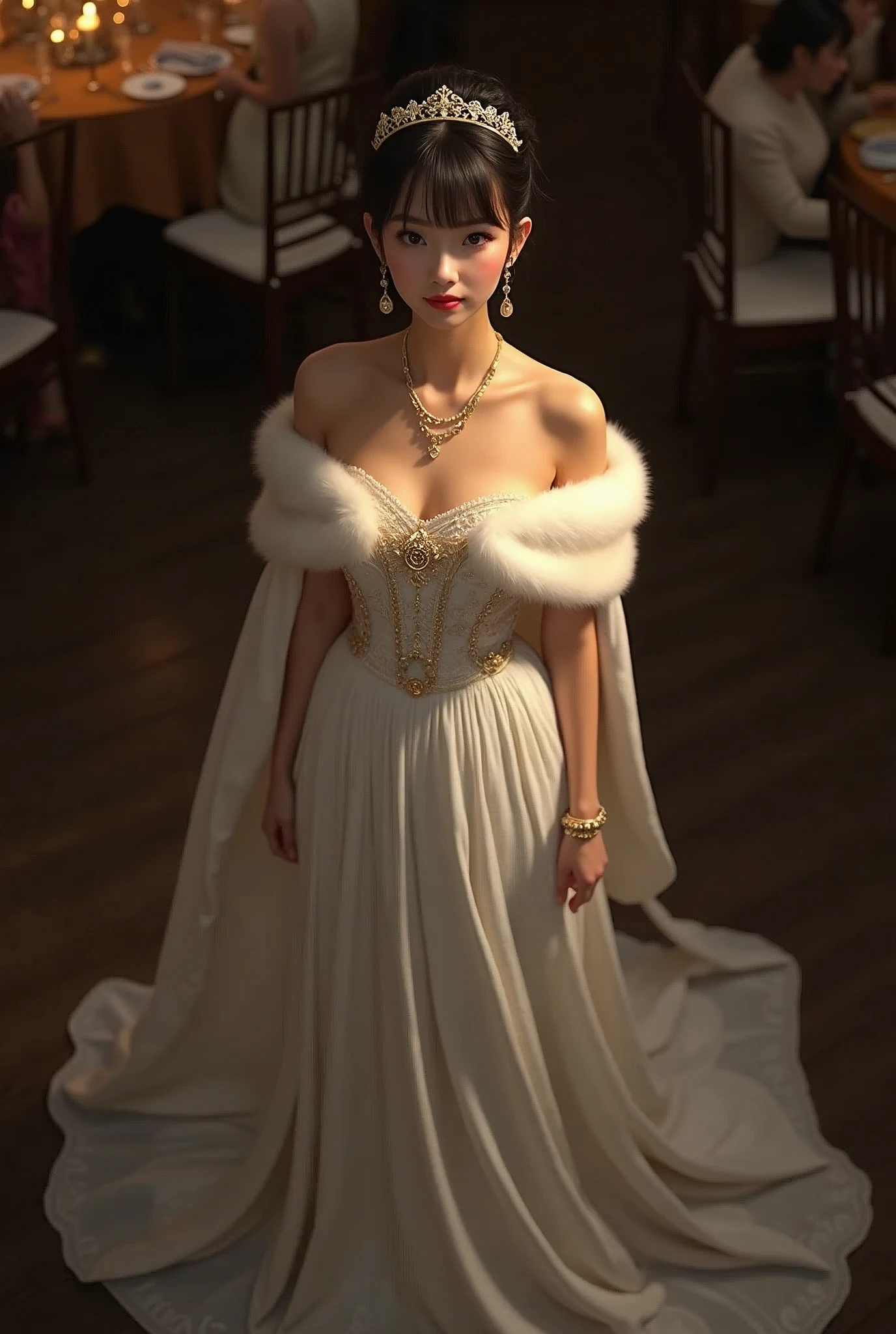 From above view, looking at viewer, ((Japanese beautiful female)) very cute girl, Age: 20 age-old, (brown hair , chignon , fringe, brown eye, little lip, little smile, natural make), (C cup breasts, slender whist, middle hip),(Royal Navy color Princess dress, evening long dress),(White satin gown and fur lined cape for ladies, Royal Victorian Era Queen:1.3), HI heals, gold ring earring, gold neckless, bracelet, tiara , standing on floor, evening dinner Party , night, UHD, accurate, anatomically correct, textured skin, super detail, high details, high quality, best quality, Crew neck dress, Dress with shoulder decoration, Red Cape, red munt, White elbow lace glove