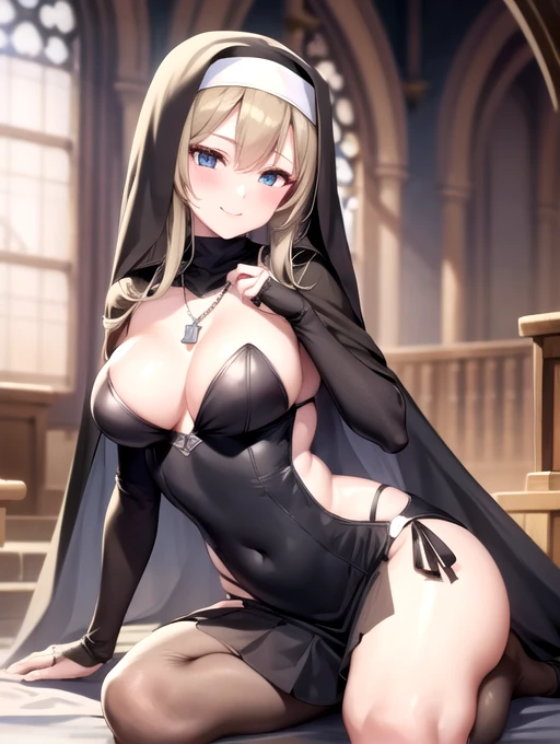 1girl, solo, asuna, large breasts, smiling, ((nun super micro small outfit), nun veil, necklace), church background, beautiful face, perfect detailed lines, (masterpiece), no blur, 8k image. Super tight, translucent micro clothes, small mini lace lingerie, hard nipples, super smal clothes, detailed skin, perfect details, ((half naked)), full body picture, tights, beautiful face